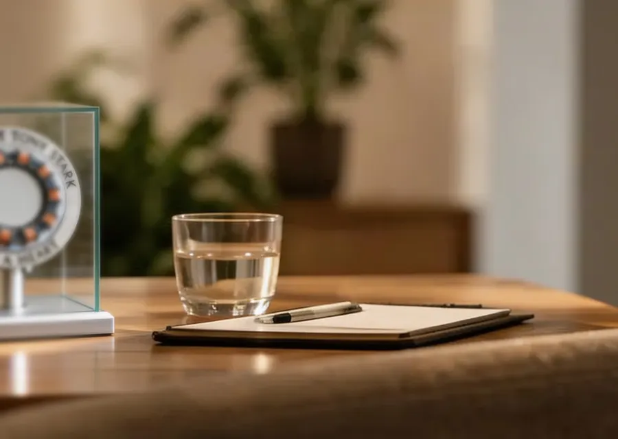 Tisch im Beratungsraum mit Notizblock, Stift und Wasserglas